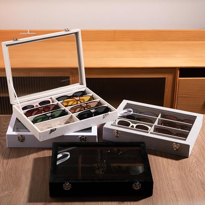 Frebeauty 8-Slot Sunglass Organizer,Velvet Sunglass Holder with Clear Lid | Vanity Glass Holder,Sunglass Case For Multiple Sunglass,Sunglass Tray for Drawer,Sunglass Box for Women,Eyeglass Organizer