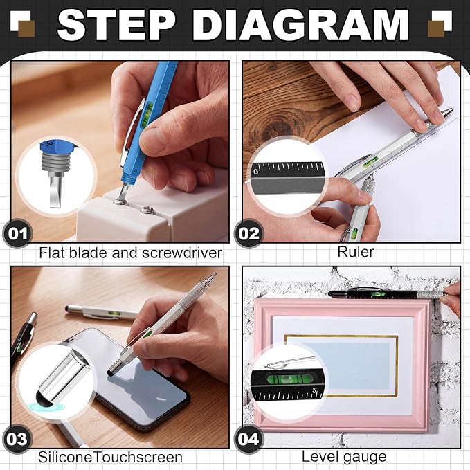 Zhanmai 16 Pcs 6 in 1 Multitool Pen Bulk Gift for Men Multi Tool Pen with Ruler Level Screwdriver Stylus Cool 40 Ink Refill Tool Gadget Birthday Christmas Stocking Stuffers (Black Gray Silver Blue)