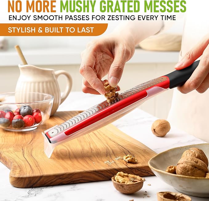 Spring Chef Premium Red Lemon Zester Grater with Handle - Fruit, Garlic, Citrus, Nutmeg, Orange Zester Tool - Heavy Duty Kitchen Shredder - Stainless Steel Ginger Grater with Blade Cover - Fine Shred