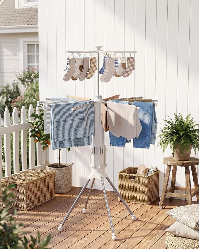 Sakugi Foldable Clothes Drying Rack with 12 Steel Arms, Clips & Shoe Holder | Laundry Room, Bedroom, Outdoor & Indoor Use, Collapsible, Reinforced Frame, 4 Leg Stable Base, White, 44"D x 44"W x 71"H