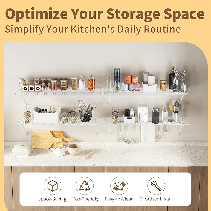 PROWORX Closet Shelves Wall Mounted, 4 Pack 4 ft x 12 in White Wire Shelving Kit, Metal Wall Shelf Organizer for Home, Pantry, Laundry Room Storage