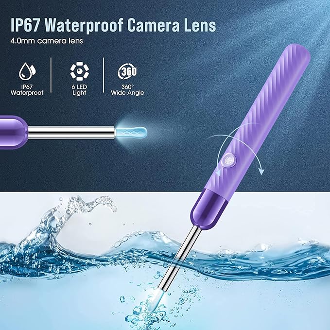 LEIPUT Ear Wax Removal Tool - Ear Cleaner with 1080P Camera - Ear Canal Cleaner - Ear Cleaning Kit with 6 Ear Spoon - Ear Camera for iOS & Android - Purple