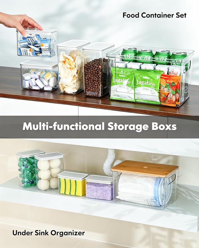 iCASA 5 in 1 Trash Bag Holder Dispenser Kitchen Under Sink Organizer | Stackable Garbage Bag Dispenser for 13/30/33 Gallon Bags, Clear Organizer Bins Dishwahser & Laundry Pods Container Storage