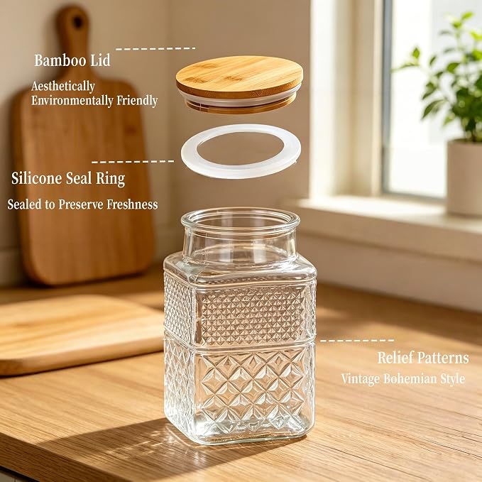 Large Glass Storage Jar, 60 FL OZ Glass Food Storage Containers with Bamboo Lid, Kitchen Laundry Room Organization Jar for Cookies Coffee Flour Sugar Laundry Pods Detergent Airtight Glass Jars