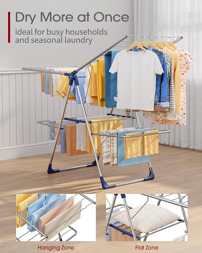 Sakugi Clothes Drying Rack, Foldable 2-Level with 55.5" Adjustable Wings | Laundry Room, Bedroom, Indoor & Outdoor Use, Height Adjustable, Clothing & Bedding, 55.5" L × 22.8" W, Silver and Blue