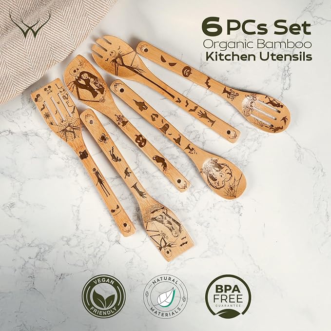 Nightmare Wooden Spoons for Cooking Before Christmas - Wooden Utensil Set with Spatulas & Spoons, Heat-Resistant, Eco-Friendly Kitchen Utensils for Non-Stick Cookware