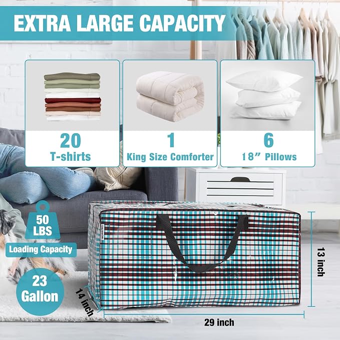 WORKPRO 6 Pack Extra Large Moving Bags with Backpack Straps & Handles | Heavy Duty Moving Storage Bags, Lattice Print, Double Zippers for Moving, Dorm, Closet Storage & Travel