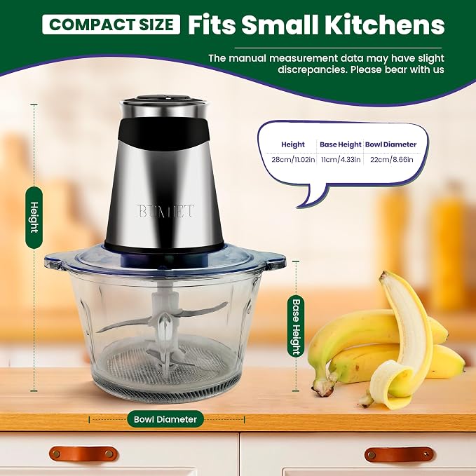 BUMET 500W Meat Grinder 2×8-Cup Bowls 2 Blades Food Chopper | glass+stainless bowl, stainless steel blades for meat/veggies/nuts. easy to clean, ideal for daily kitchen prep.