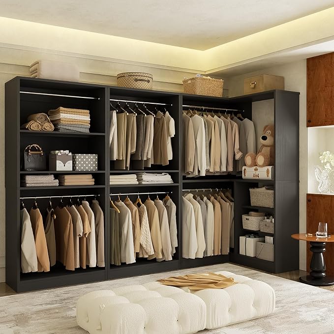Unikito 108” Corner Closet System, 3-Piece L-Shaped Closet Organizer with 2 Closet Towers and 1 Corner Unit, Heavy Duty Wood Garment Rack with 6 Hanging Rods, Freestanding Walk-in Wardrobe, Black