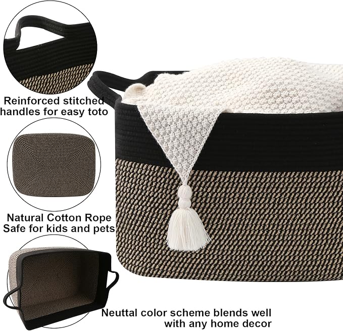 65L Laundry Basket with Handles, Woven Blanket Basket, Black/Jute | 21"×16"×12" Collapsible Cotton Rope Storage Basket for Toys Clothes & Pillows, Nursery, Bathroom, Bedroom, Living Room