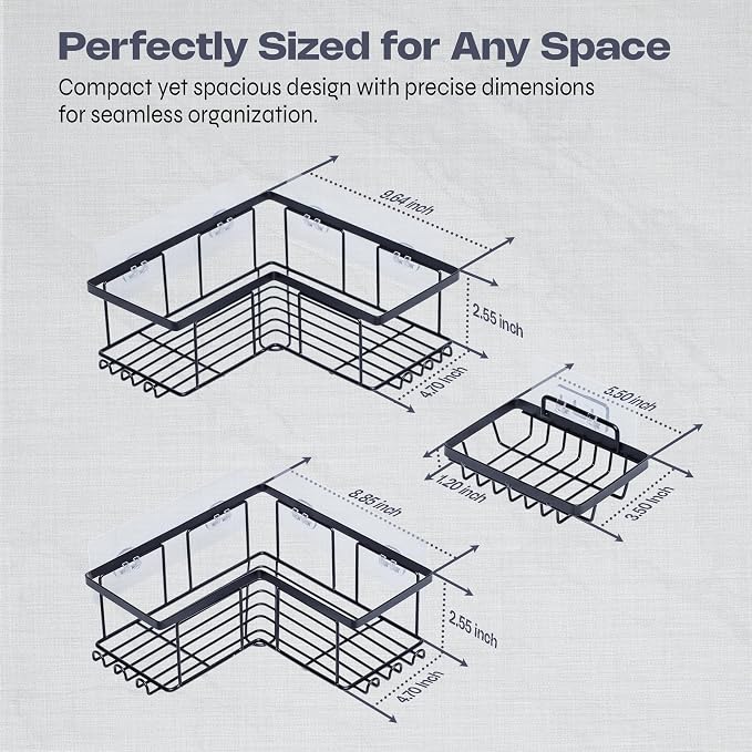 Corner Shower Caddy Organizer - Rustproof Stainless Steel Bathroom Shelves for Inside Shower Storage - Heavy Duty Corner Rack with Shampoo Holder - Silver Adhesive Shelf