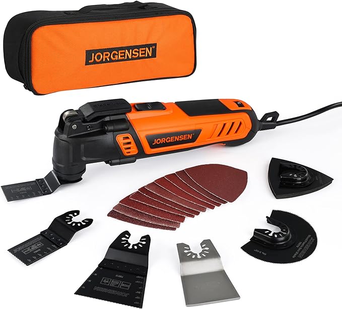 JORGENSEN Corded Oscillating Multi Tool, Variable Speed with 16 PCS Blades | Power Saw, Flush Cut, Universal Accessories, Quick Change, Wood Cutting, Sanding, Scraping, Polishing