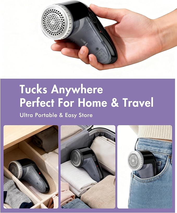 Ruidla Fabric Shaver Defuzzer, Electric Lint Remover, Rechargeable Sweater Shaver with Stainless Steel 3-Leaf Blades, Dual Protection, Removable Bin, Easy Remove Fuzz, Lint, Pills, Bobbles | Electric Sweater Shaver with Replaceable Stainless Steel 3-Le...