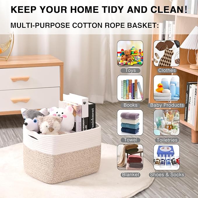 Storage Baskets for Organizing, Woven Storage Baskets for Shelves, Toy Storage Baskets for Kid's Room, Towel Baskets for Bathroom Nursery, 14.8"×11"×9.5", Pack of 3, Off White & Brown