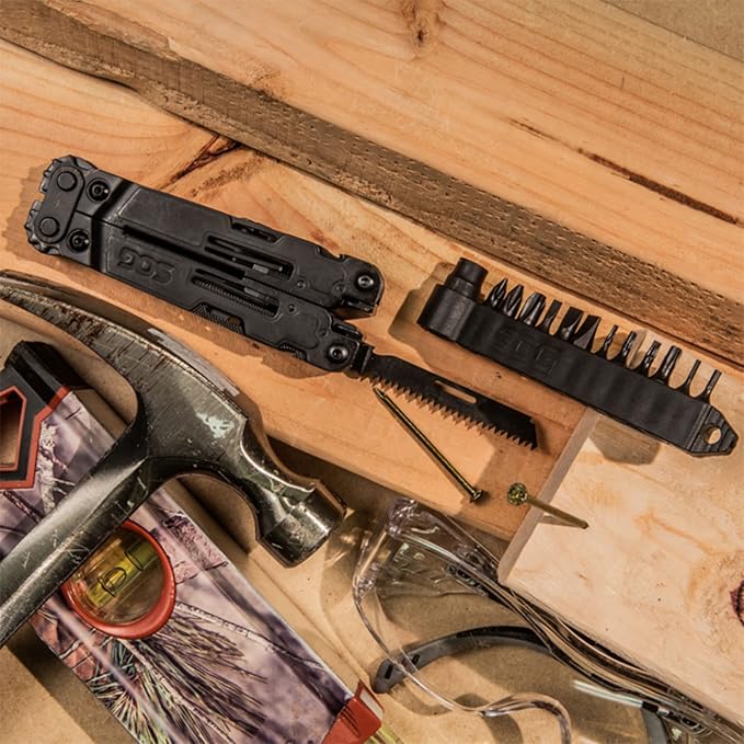 SOG PowerAccess Deluxe All-Around Heavy Duty Stainless Steel Multi-Tool w/Nylon Sheath, Two Knife Blades, Can & Bottle Opener, Black | Compound Leverage Pliers, 2 Blades, Wood Saw, Can and Bottle Openers, 12-Pc Hex Bit Kit