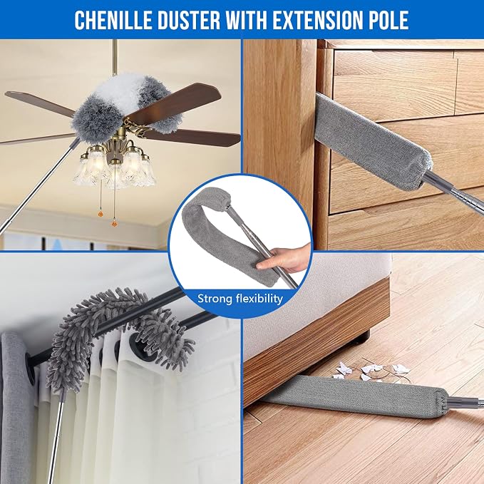 UIMO Microfiber Feather Duster Kit with Extension Pole (30–100") – Bendable Washable Heads, Extendable Dusters for Cleaning Ceiling Fan, High Ceiling, Blinds, Furniture & Cars (5 Pcs) | – Bendable Washable Heads, Extendable Dusters for Cleaning Ceiling...