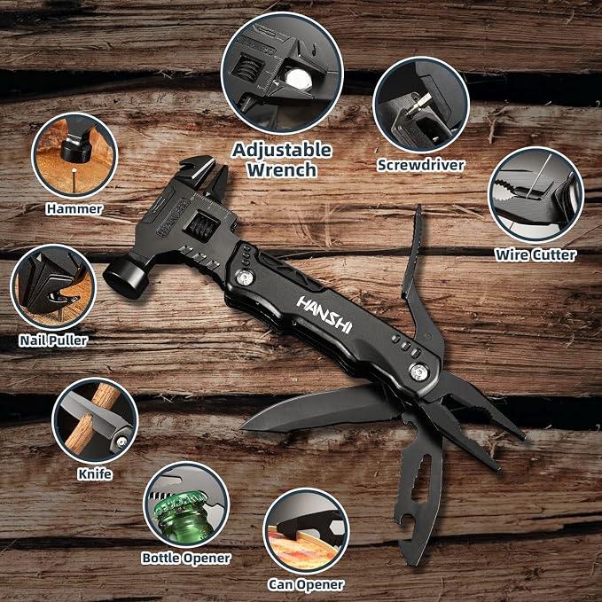 HANSHI Adjustable Wrench Multitool Hammer with Nylon Sheath for Gift | 16 in 1 Multi Functional Tools includes Pliers,Pocket Knife,Can Opener,Bottle Opener,Wire Cutter