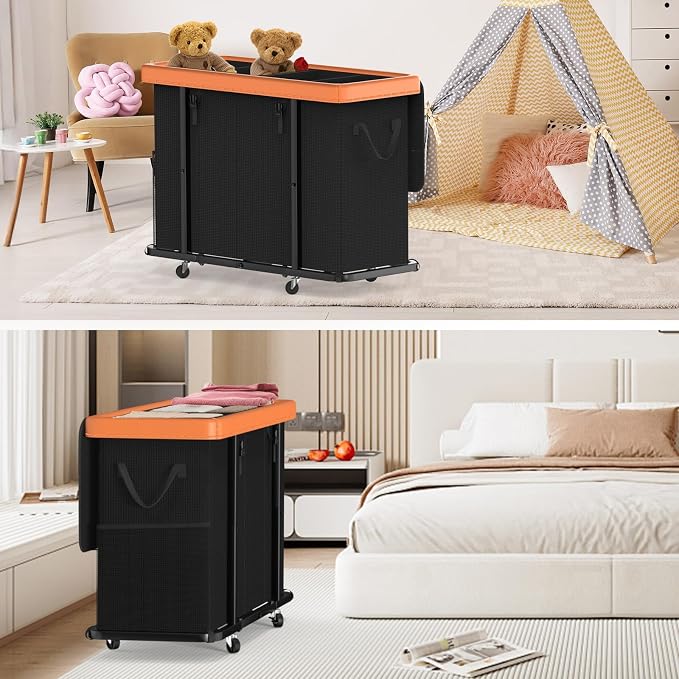 Laundry Basket with Wheels, 300L Leather Patchwork Laundry Sorter 4 Section | Sturdy Metal Frame, Removable Washable Bag, Tall Clothes Sorter for Bedroom - Black