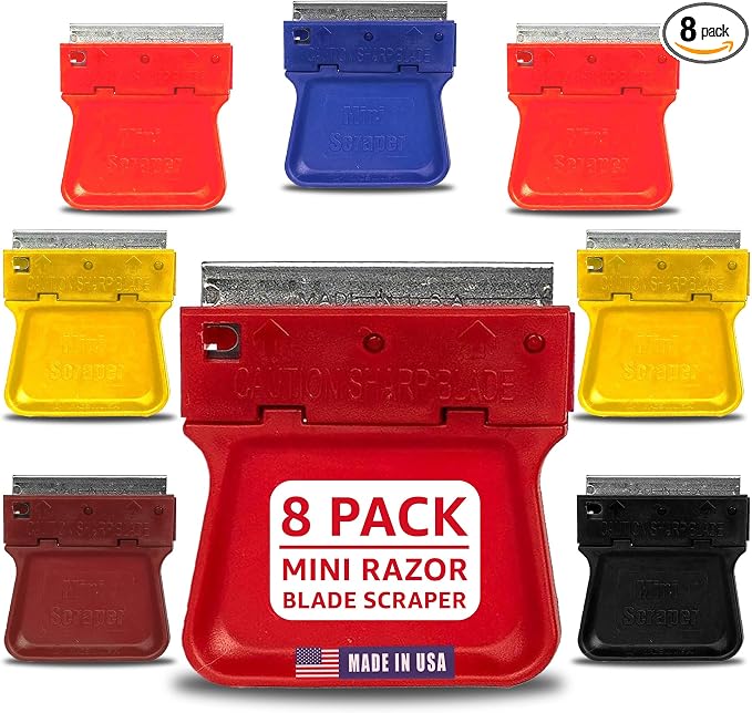 MINISCRAPER® Original Plastic Razor Scraper – 8 Pack Multi‑Surface Tool | Safe plastic razor scraper removes stickers, labels, adhesive and grime; durable USA‑made 8‑pack