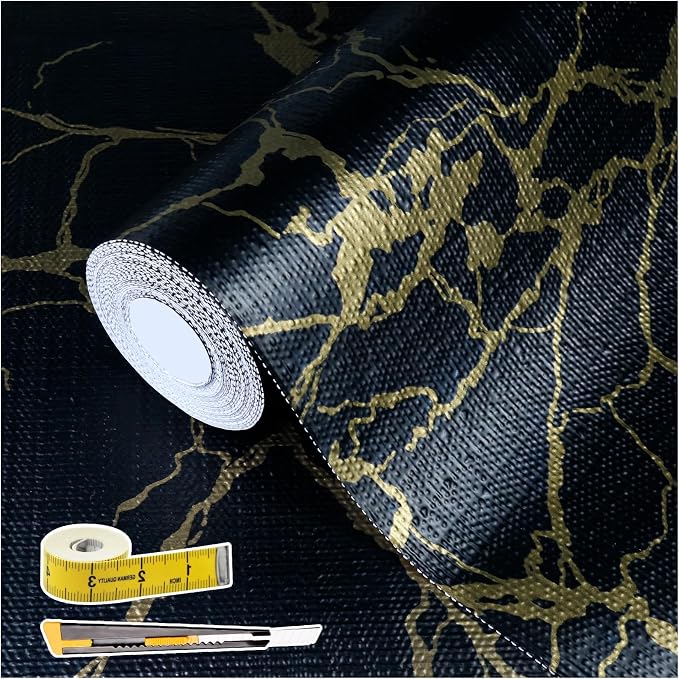 2-Layer Drawer and Shelf Liner for Kitchen Cabinet: 23.6in X 30Ft Non Slip | Waterproof Shelf Paper Non Adhesive Refrigerator Liners Black/Gold Marble Easy Liners for Bathroom with Knife Tape Measure