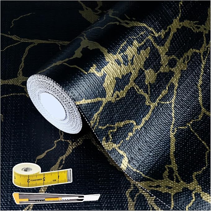 2-Layer Drawer and Shelf Liner for Kitchen Cabinet: 17in X 30Ft Non Slip | Waterproof Shelf Paper Non Adhesive Refrigerator Liners Black/Gold Marble Easy Liners for Bathroom with Knife Tape Measure