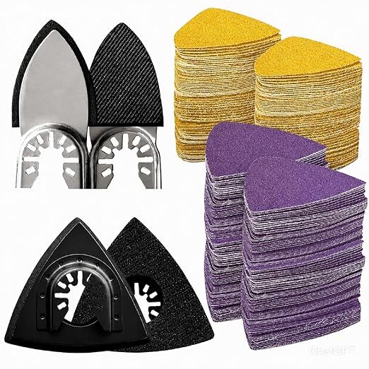 Oscillating Tool Sanding Pads Kit 114Pcs | 2Pcs Triangle Sanding Pads and 2Pcs Finger Sanding Pad, 110Pcs Multitool Sandpaper Set, Grit Fit for Finishing Wood Sanding