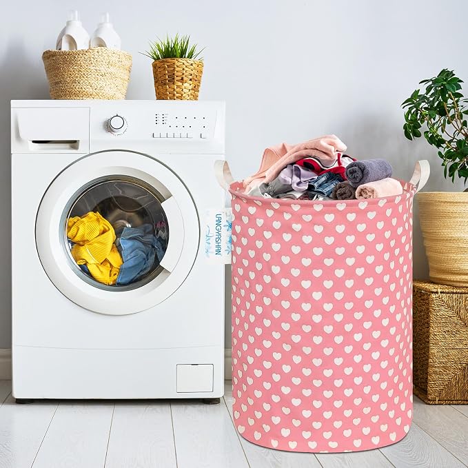 Round Laundry Basket Collapsible Storage Hamper Organizer Pink Heart | Waterproof Canvas Foldable Baskets with sturdy Handles Multi-scene Organizer for Home Play Bedroom Gift Bin