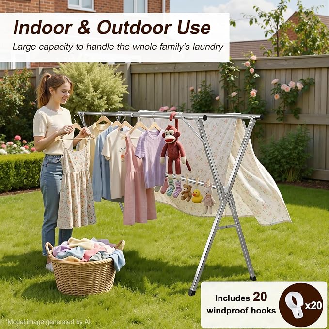Spreezy 94 Inch Clothes Drying Rack, Stainless Steel, Indoor/Outdoor | Adjustable Length Holds 44 bs. Zero Assembly. Foldable Laundry Drying Rack. Portable, Space-Saving, with Windproof Hooks