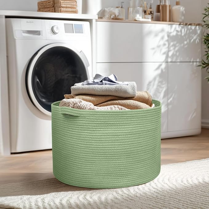 MEGASKET 115L Oversized Green Basket, 23.6"x15.7" Woven Cotton Rope Bin for Blankets, Nursery Wicker Laundry Hamper, Kids Toy Storage Bin, Sage Green Living Room Bedroom Decor Baskets for Organizing