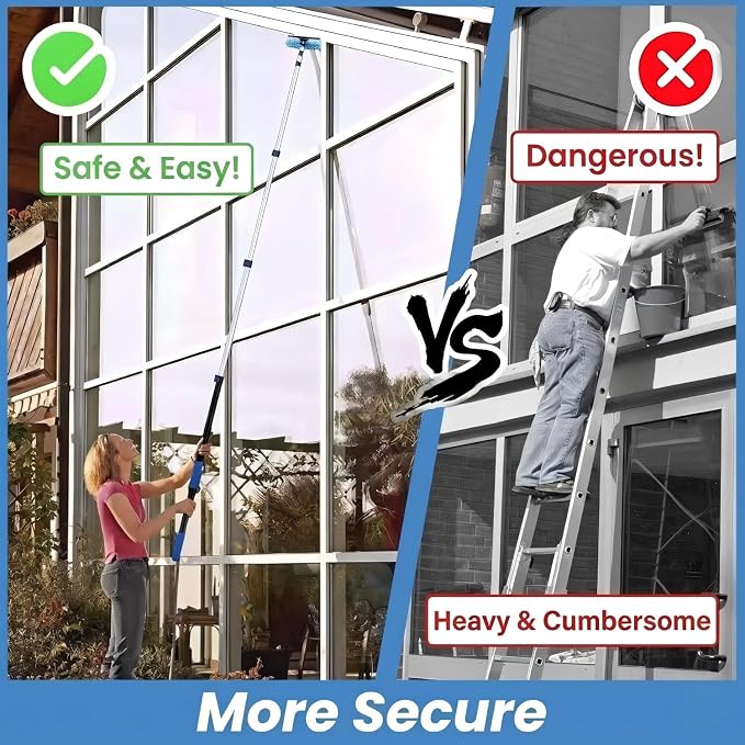 25ft High Ceiling Duster Kits with 5-18ft Heavy Duty Extension Pole - Fan Blade Cleaner, Cobweb Remover & Blue Window Squeegee Kit, Washable Dust Brush for High Roof and Glass Surfaces