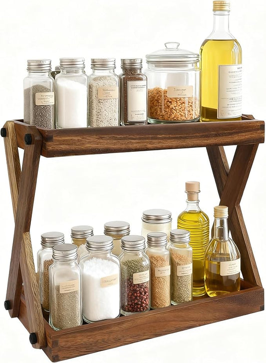 Wood Countertop Organizer, 2 Tier Wooden Shelf for Coffee Bar Accessories, Kitchen Spice Rack Organizer, Condiment Storage Caddy for Home, Office, Bathroom
