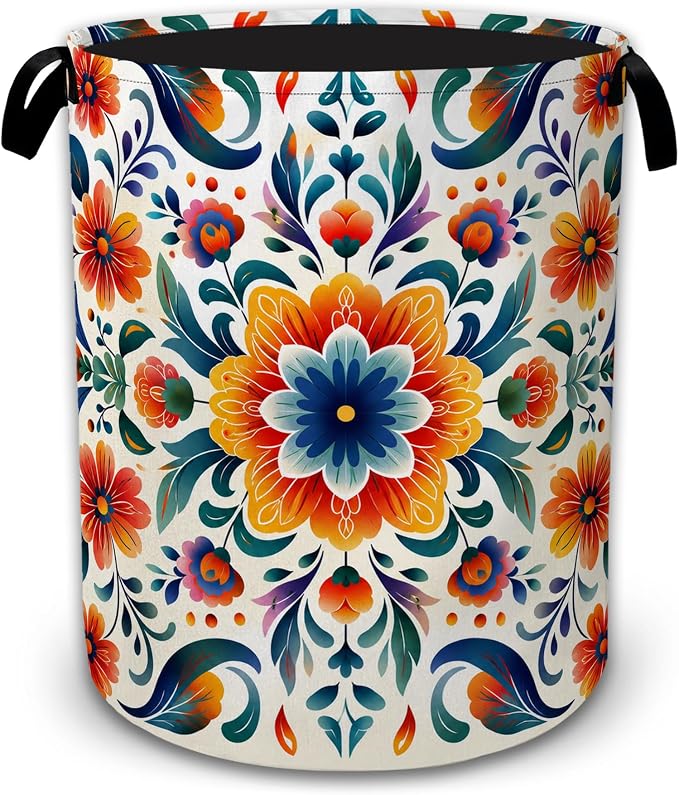 Mexico Folk Floral Large Laundry Hamper, Collapsible Oxford Clothes Basket with Handles, Freestanding Dirty Clothes Organizer for Bedroom Bathroom Dorm Laundry Room, 16 x 20.8 Inch