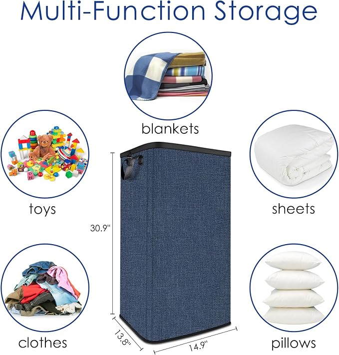 SNIGJAT Extra Large Laundry Hamper, Folding 100L Laundry Basket, Blue | Dirty Clothes Hamper for Bedroom, Tall Hamper, Sturdy Storage Organizer for Clothes and Toys