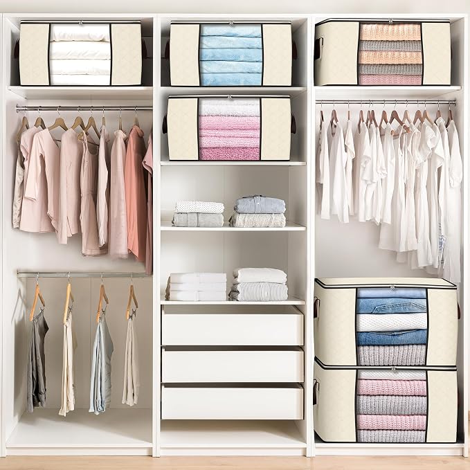 90L Large Storage Bags, 4 Pack Clothes Storage Bins Closet Organizers | Foldable Storage Containers, with Reinforced Handle, for Clothing, Blanket, Comforters, Bed Sheets, Pillows and Toys,Beige
