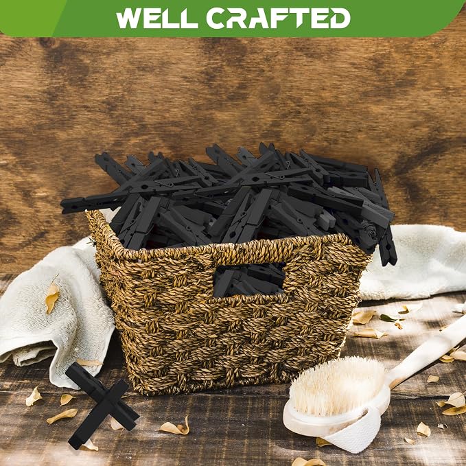 100 Pcs Black Clothes pins - 2.9 Inch Wooden Clothespins Cheer Clips | Vibrant for Crafts Classroom Decorations Clothing Pictures Laundry Solid Wood No Splinters Fade‑Proof