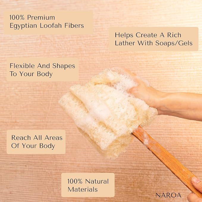 NAROA Natural Loofah with Handle | Back Scrubber for Shower | Exfoliating Bath Sponge on a Stick with Long Handle for Men and Women
