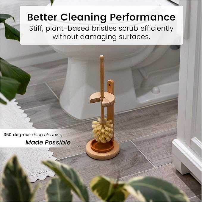 ELDR Supply Toilet Bowl Cleaner Brush with Holder, 14 Inch Extra Long German Beechwood Handle, Strong Hemp Bristles, Ceramic Drip Tray, Biodegradable