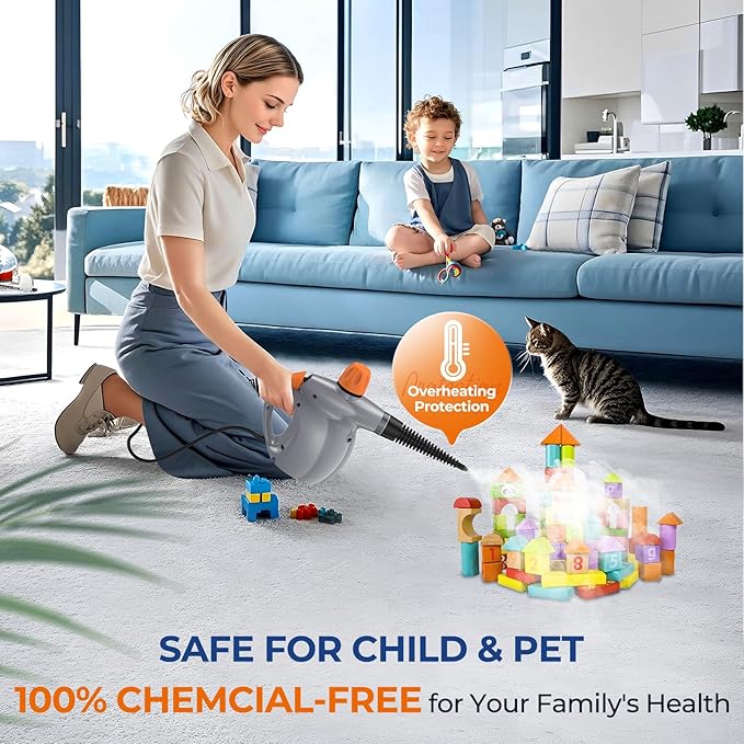 Steam Cleaner, Pressurized Handheld 13pcs Multi-Purpose Natural Deep Cleaning Steamer, Portable Steamer for Cleaning Home, Grout, Kitchen, Car, Window, Upholstery, Bathroom and Clothes, Orange&Gray