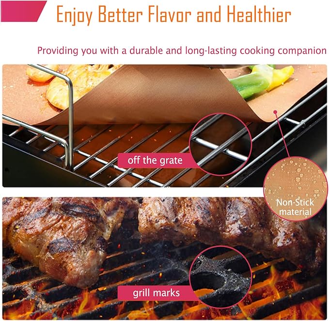 Forever Young & Co. 2 Pack Non-stick Copper Large Oven Floor Protector Liner, Grilling Mats Reusable Baking Mats Heavy Duty Grill Mat of Electric Gas, Toaster, Microwave Ovens Grills, Easy to Clean