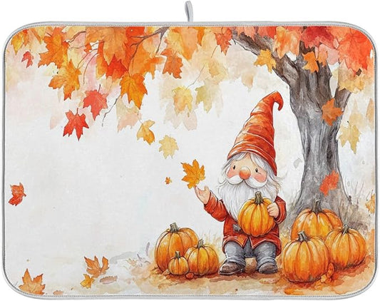 Fall Gnomes Dish Drying Mat for Kitchen Countertop 18x24 Autumn Pumpkin Maple Leaves Large Drying Mat Reusable Quick Dry Dish Sink Mats Easy Clean Decorative Essentials