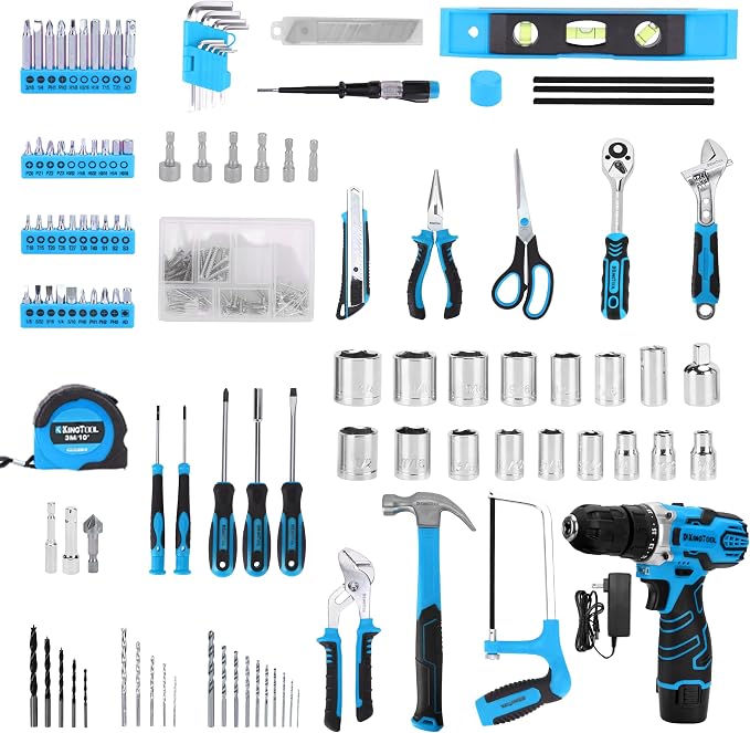 KingTool 276-Piece Tool Set Kit - Tool kit with 12V Cordless Power Drill Driver Toolbox Storage Case with Drawer, Drill Set Perfect for Homeowner, Diyer, Handyman（Blue）
