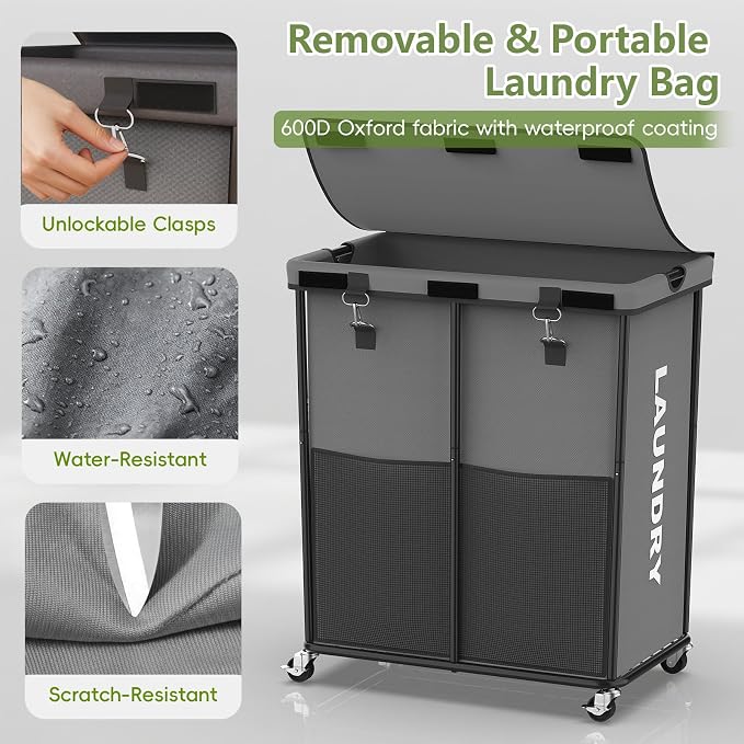 Laundry Hamper with Wheels and Lid, 225L Large Rolling Laundry Basket Gray | Heavy Duty Clothes Organizer, Sturdy Metal Frame, Lockable Swivel Casters, Removable Bag, For Bedroom, Bathroom, Laundry Room