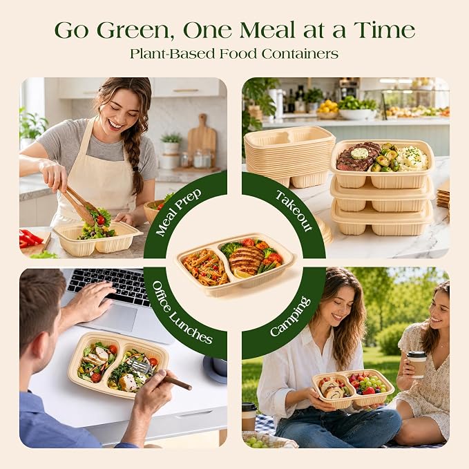 100 Piece (50 Pack) Meal Prep Containers Reusable - 2 Compartment 32 oz Cornstarch Snack Containers with Lids - Plastic Food Storage Salad Containers - To Go Lunch Box - Microwave & Freezer Safe