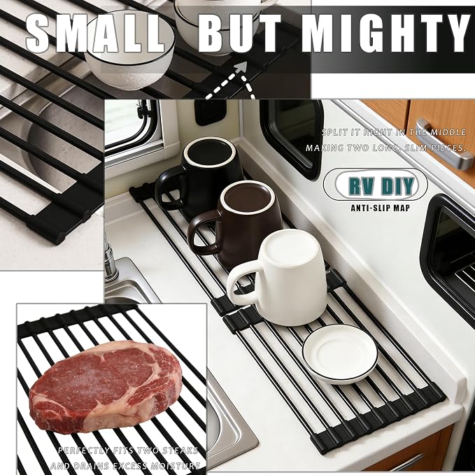 Roll up Dish Drying Rack Silicone Wrapped Stainless Steel 14.5" x 7", Black (M), Over the Sink, Heat Resistant, Foldable