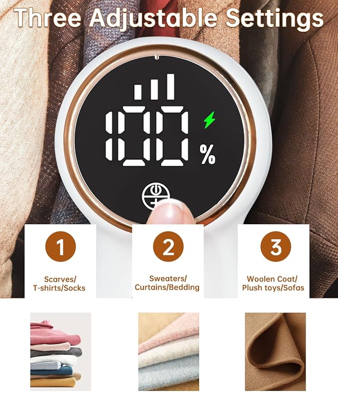 Rechargeable Fabric Shaver with LED Display, Electric Lint Remover for Clothes,Furniture -Efficient 3-Speed Sweater Shaver with 6-Leaf Blades,Lint Shaver&Pilling Remover(White)