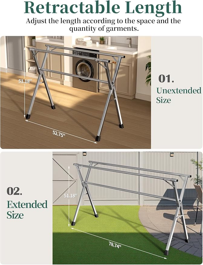 Folding Stainless Steel Laundry Drying Rack 79 Inches | Heavy-duty stainless steel, Foldable & Retractable, Holds up to 150 lbs, Includes 20 windproof hooks for indoor & outdoor use