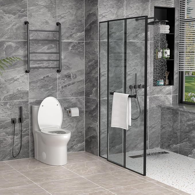 One Piece Toilet 12'' Rough Inch - White Ceramic Compact Toilets with 15.9" Soft Close Chair Seat 1.1/1.6 GPF Water Saving Dual Flush High Efficiency Easy to Clean 14.3''x26.3''x28.6''