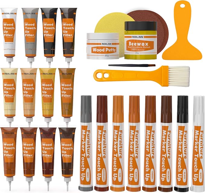 Wood Furniture Repair Kit- Set of 28 - Touch Up Markers | Fillers with Wood Putty - Repair Scratch, Cracks, Hole, Discoloration for Wooden Door, Floor, Table, Cabinet