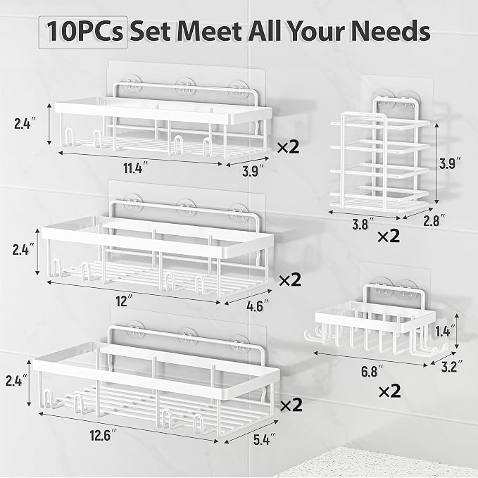 Liuoud 10 Pack Shower Caddy Organizer Rack Shelf for Inside Shower, Self Adhesive Wall Storage Basket Rustproof Stainless Steel Shampoo Holder Bathroom Accessory Decor Set, White