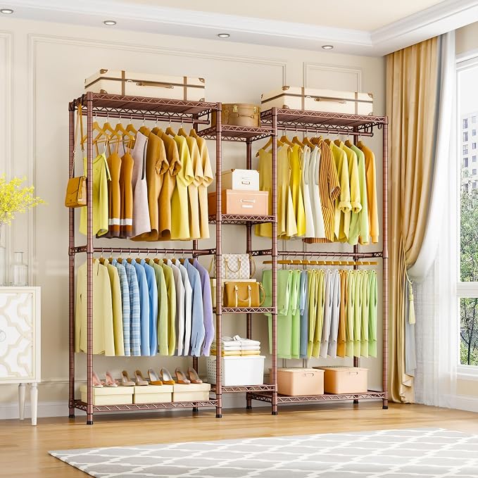 Ulif E4 Clothes Rack, Heavy-Duty Garment Rack, Metal Freestanding Clothing Organization Storage System Can Be L-Shaped with Shelves and Hangers, Max Load 962lbs, 71.6" W x 14.5" D x 79.3" H, Bronze
